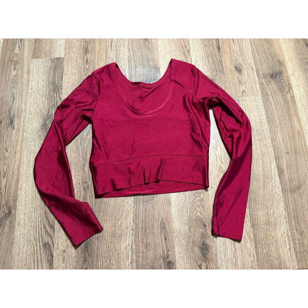 Reebok Crop Top Womens Size S Maroon Long Sleeve Scoop Neck Shiny Stretch